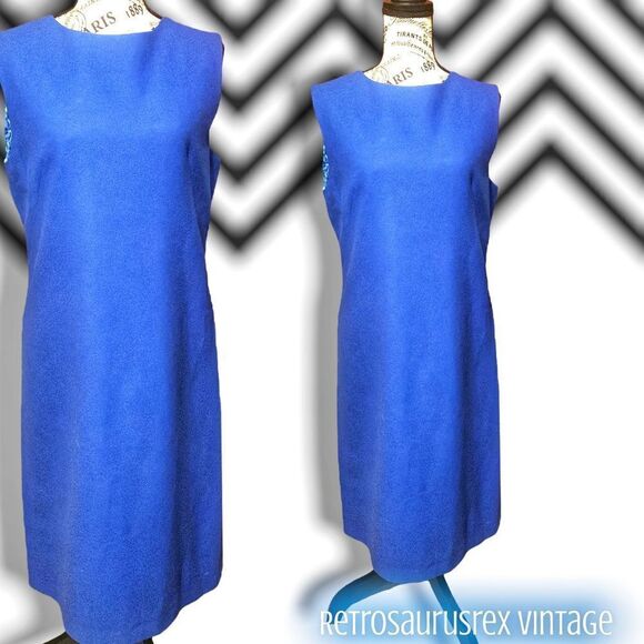 VINTAGE 1960’s Twee Rockabilly Blue Wool Secretary Pencil Dress, large - Picture 1 of 7